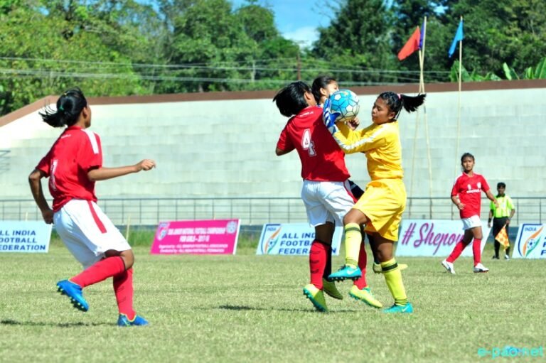 Young women footballers in action during the Sub-Junior National Girls Football Championship, Manipur vs Maharashtra, at Kodompokpi Sports Complex, Wangjing, Manipur