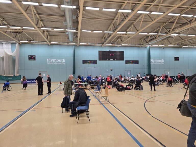 Wheelchair basketball action at a GB Wheelchair Rugby Allied Mobility tournament, Plymouth Lifecentre