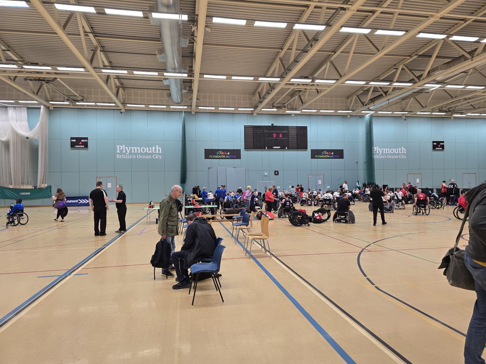 Wheelchair basketball action at a GB Wheelchair Rugby Allied Mobility tournament, Plymouth Lifecentre
